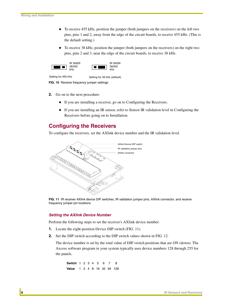 Configuring the receivers, Setting the axlink device number, Fig. 10 | AMX Sensors and Receivers IR User Manual | Page 12 / 22