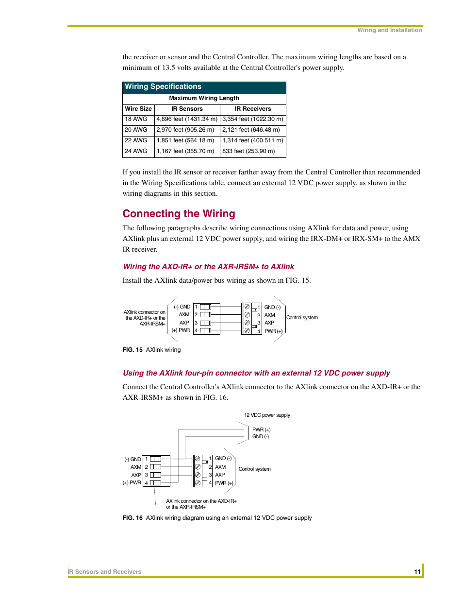 Connecting the wiring, Wiring the axd-ir+ or the axr-irsm+ to axlink | AMX Sensors and Receivers IR User Manual | Page 15 / 22