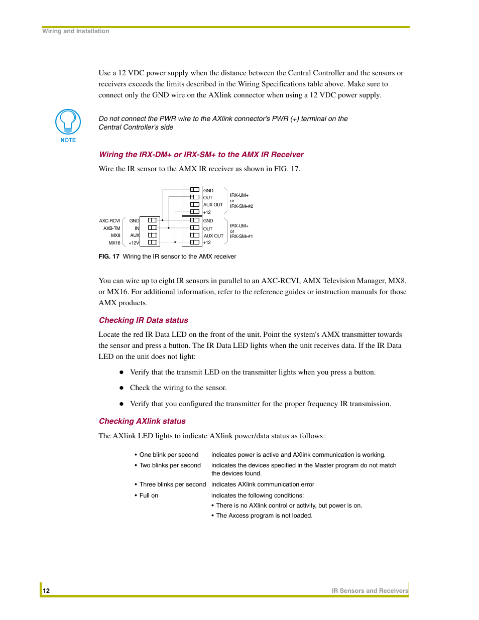 Checking ir data status, Checking axlink status | AMX Sensors and Receivers IR User Manual | Page 16 / 22