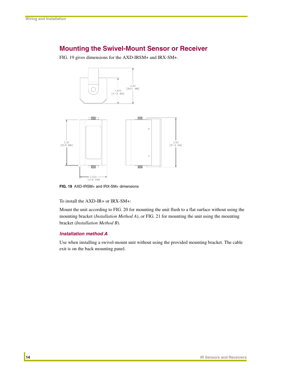 Mounting the swivel-mount sensor or receiver, Installation method a | AMX Sensors and Receivers IR User Manual | Page 18 / 22