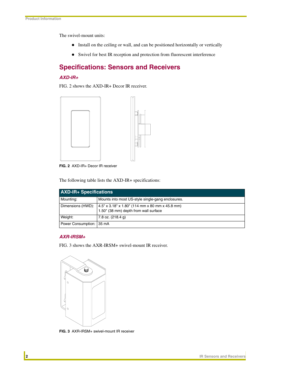 Specifications: sensors and receivers, Axd-ir, Axr-irsm | AMX Sensors and Receivers IR User Manual | Page 6 / 22