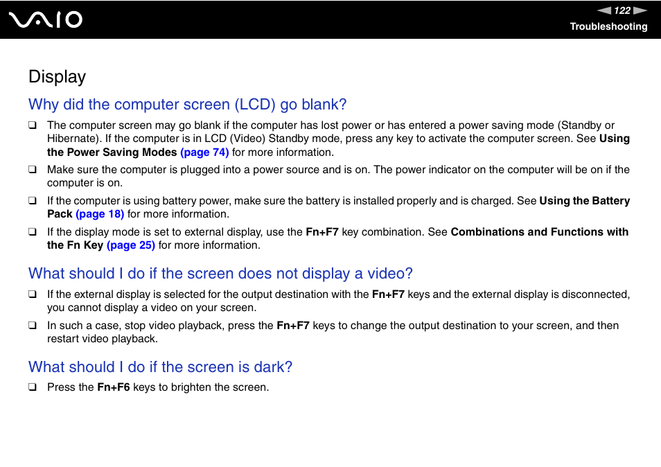 Display, Why did the computer screen (lcd) go blank, What should i do if the screen is dark | Sony VGN-FS920 User Manual | Page 123 / 149