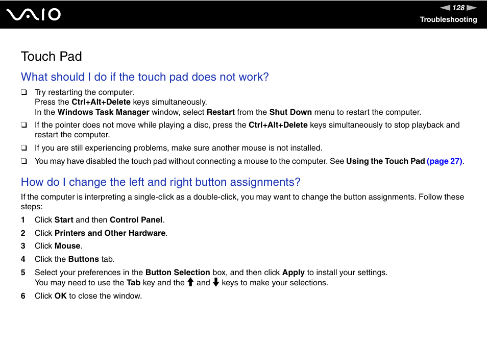 Touch pad, What should i do if the touch pad does not work | Sony VGN-FS920 User Manual | Page 129 / 149