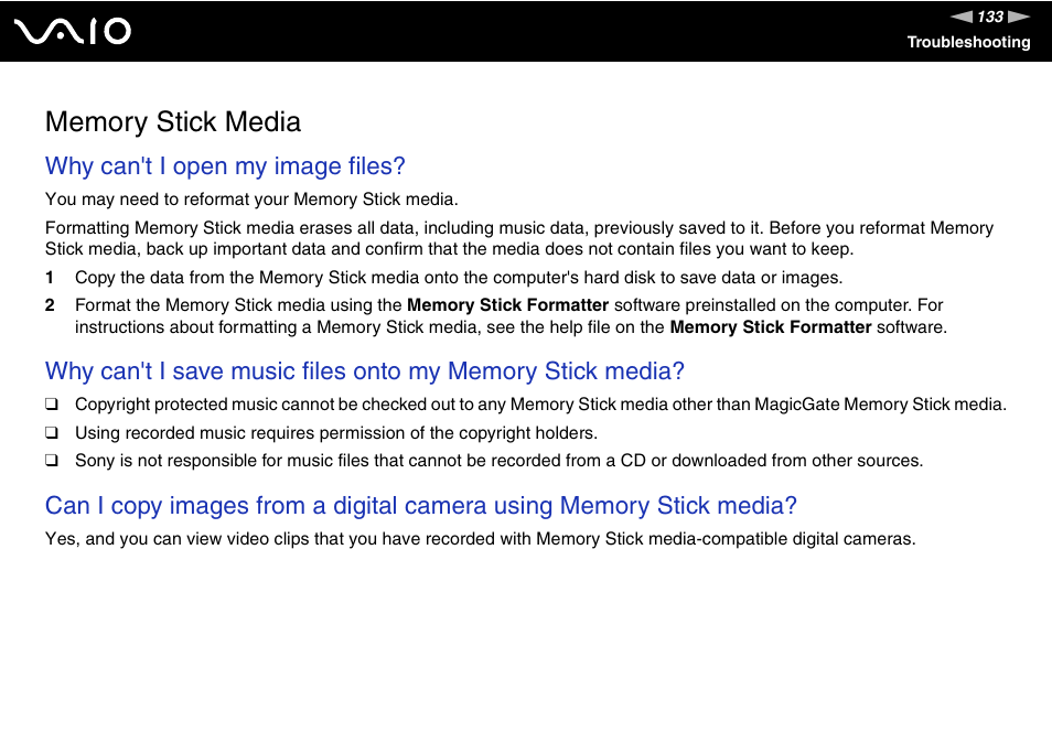 Memory stick media, Why can't i open my image files | Sony VGN-FS920 User Manual | Page 134 / 149