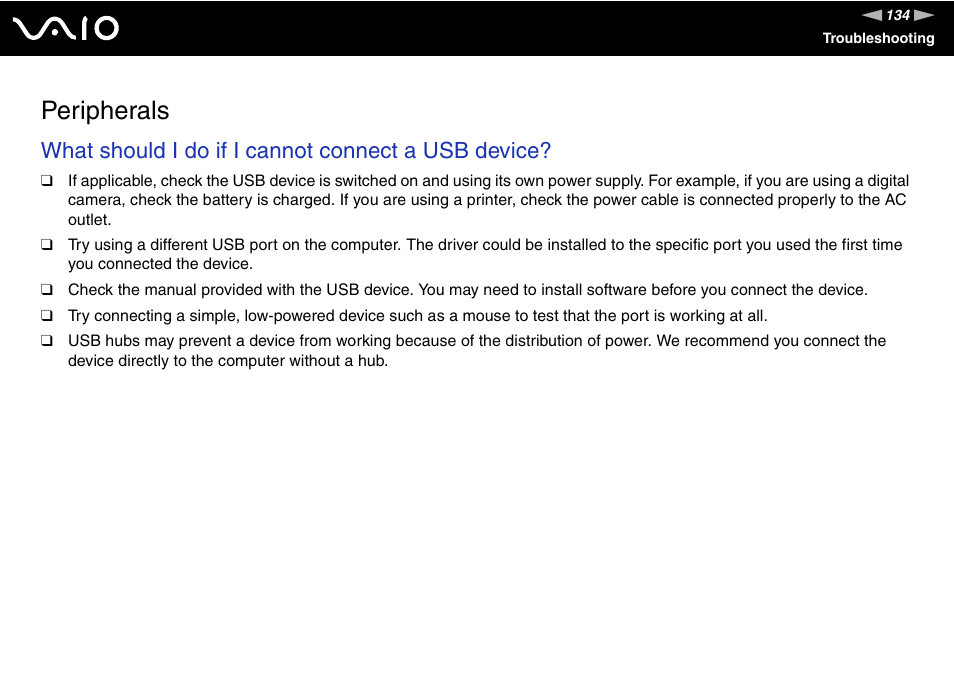 Peripherals, What should i do if i cannot connect a usb device | Sony VGN-FS920 User Manual | Page 135 / 149