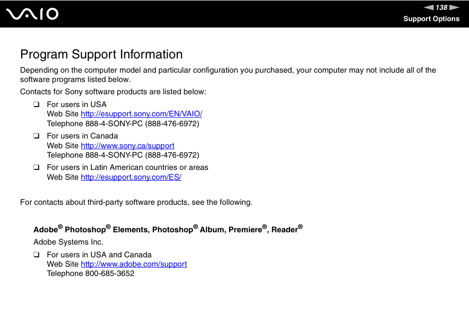 Program support information | Sony VGN-FS920 User Manual | Page 139 / 149