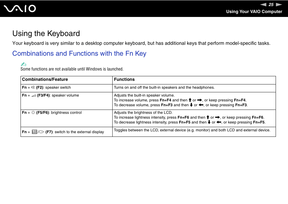 Using the keyboard, Combinations and functions with the fn key | Sony VGN-FS920 User Manual | Page 26 / 149