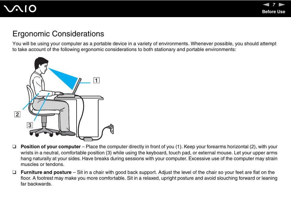 Ergonomic considerations | Sony VGN-FS920 User Manual | Page 8 / 149