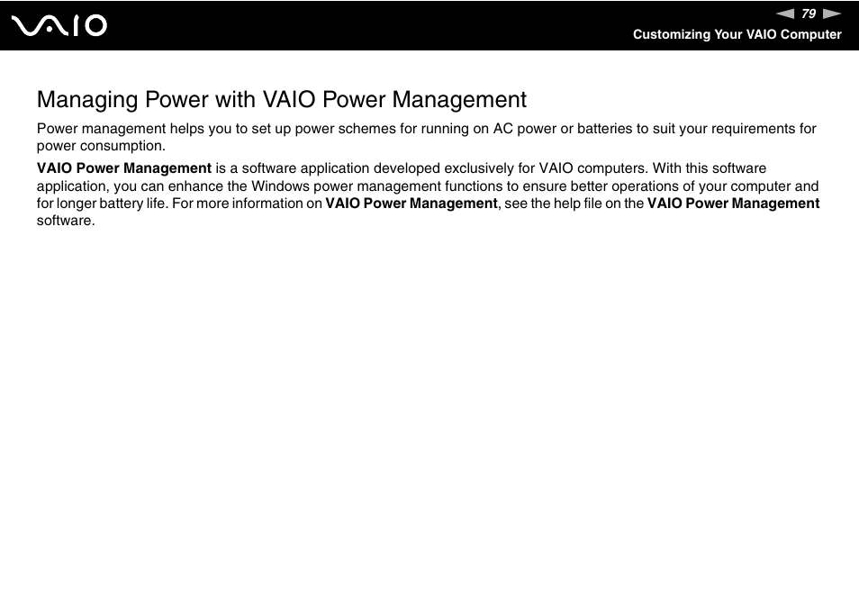 Managing power with vaio power management | Sony VGN-FS920 User Manual | Page 80 / 149