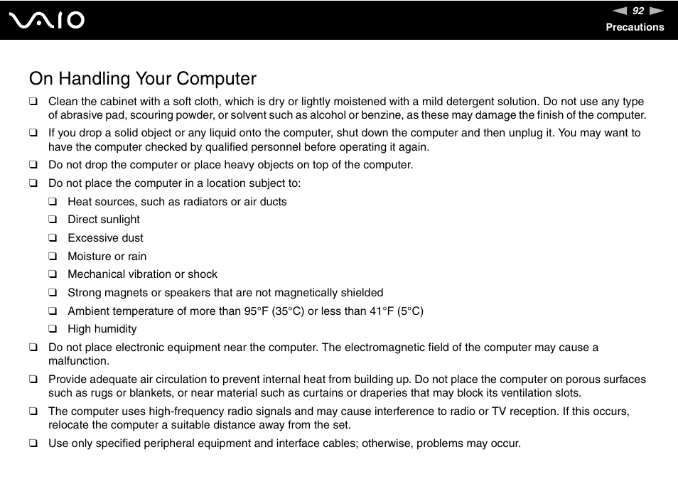 On handling your computer | Sony VGN-FS920 User Manual | Page 93 / 149