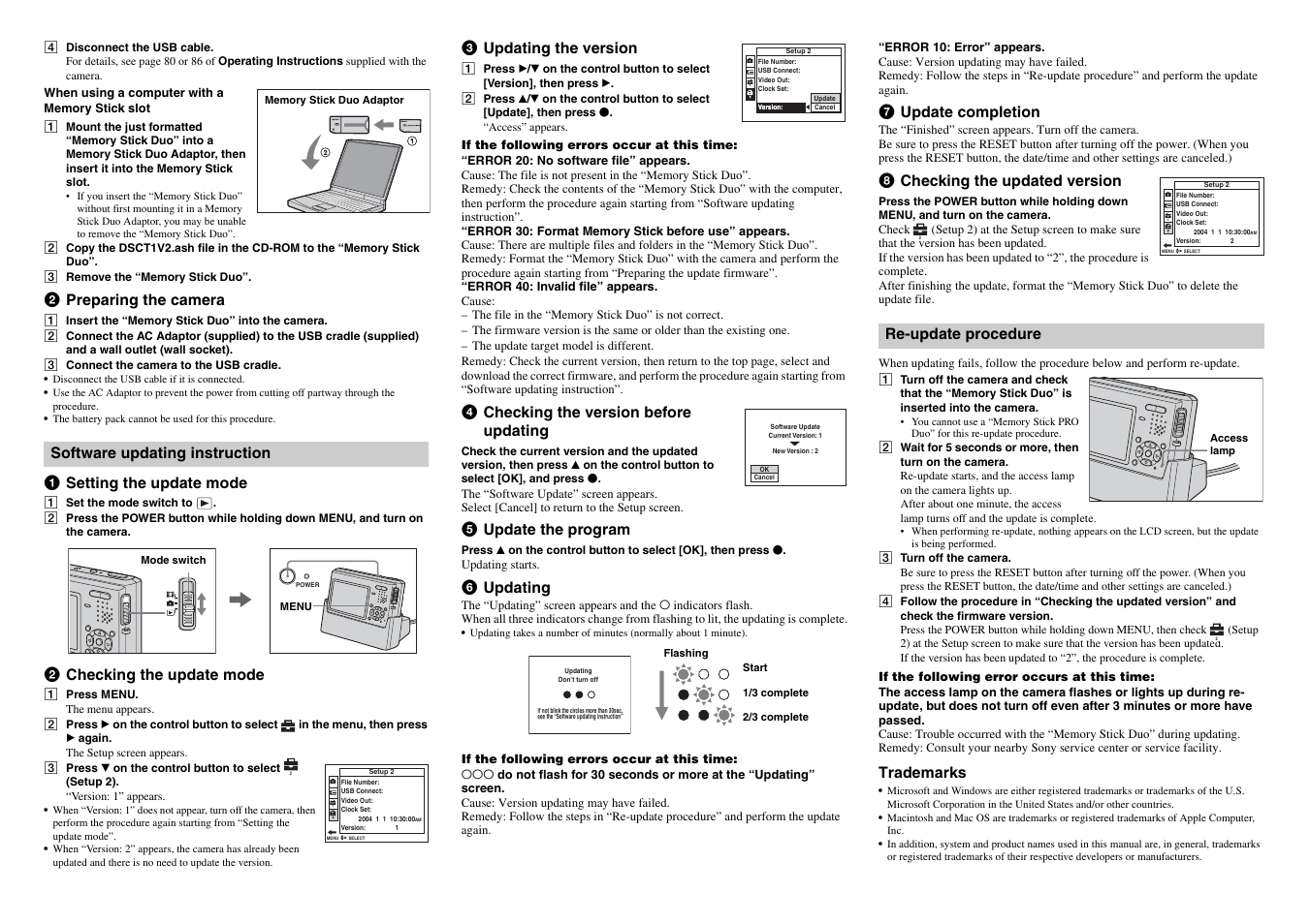 2preparing the camera, 1setting the update mode, 2checking the update mode | 3updating the version, 4checking the version before updating, 5update the program, 6updating, 7update completion, 8checking the updated version, Trademarks | Sony DSC-T1 User Manual | Page 2 / 2