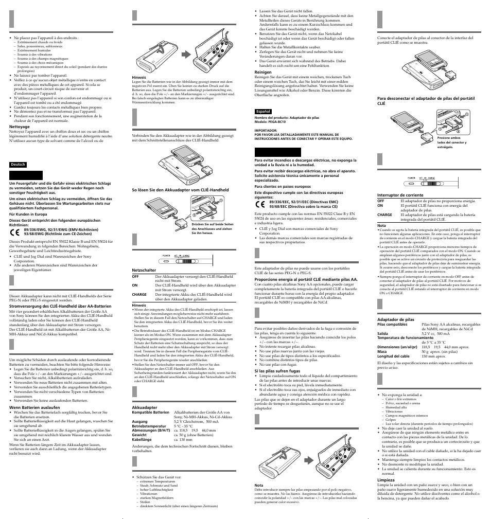 Antes de su utilización, Notas sobre las pilas, Instalación de las pilas | Conexión del adaptador de pilas al portátil clié, Modos de operación, Especificaciones, Notas sobre el uso, Vorbereitungen, Hinweise zu batterien, Einlegen der batterien | Sony PEGA-BC10 User Manual | Page 2 / 2