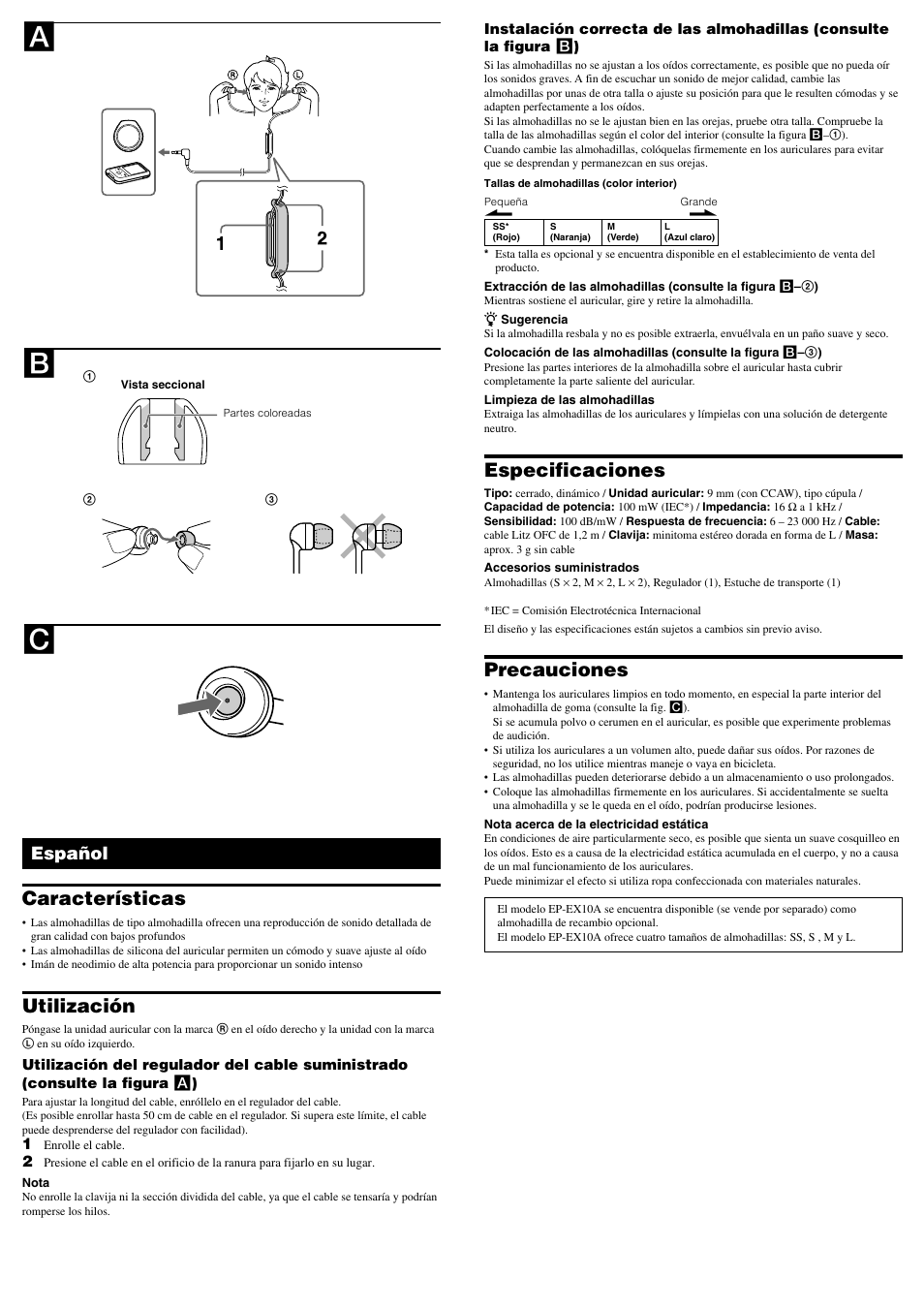 Ab c, Especificaciones, Precauciones | Características, Utilización, Español | Sony MDR-EX56LP User Manual | Page 2 / 2