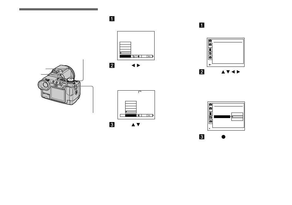 Before advanced operations, How to setup and operate your camera, Changing the menu settings | Changing the items in the set up screen, Screen, Apress menu, Aset the mode dial to set up | Sony DSC-F717 User Manual | Page 42 / 124