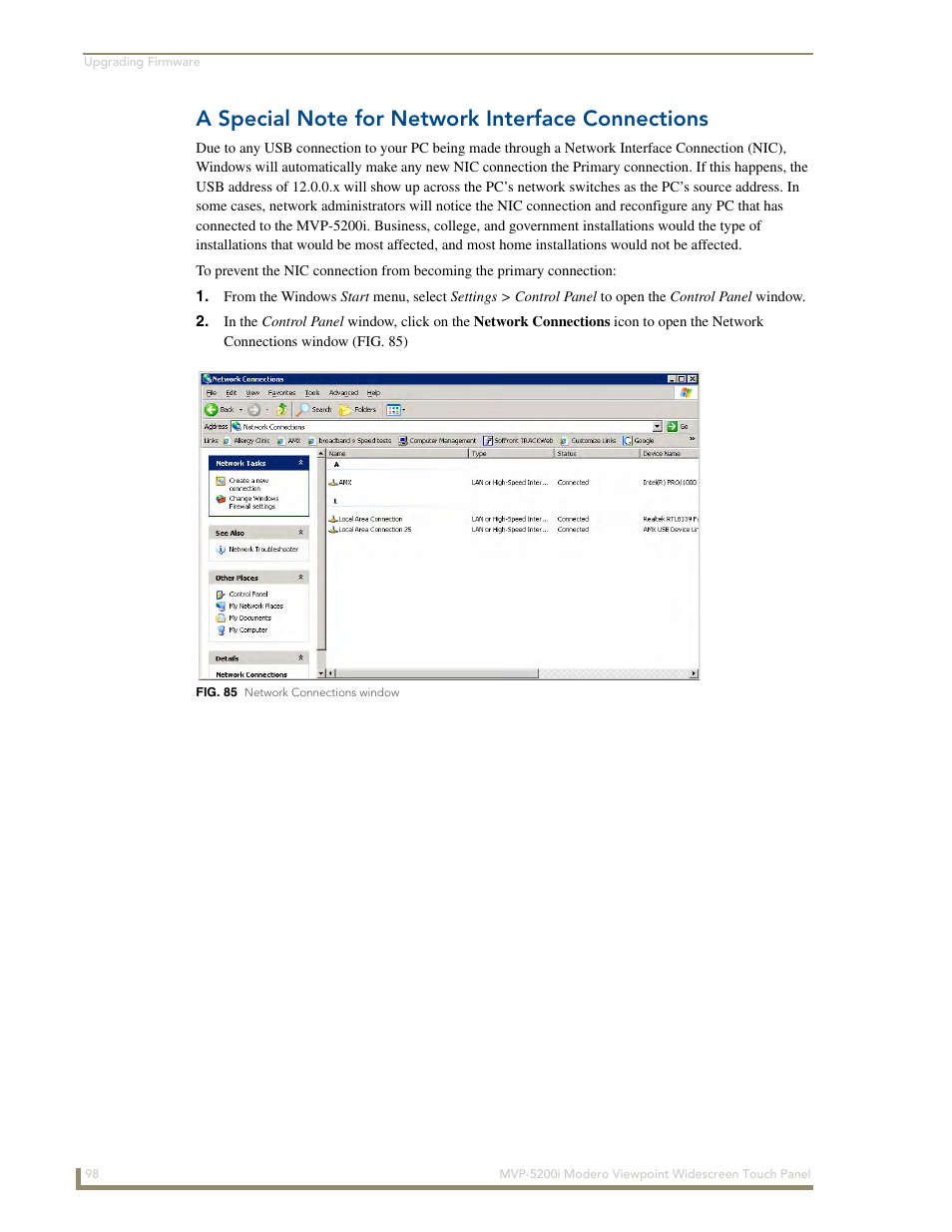 A special note for network interface connections | AMX MODERO VIEWPOINT WIDESCREEN TOUCH PANEL MVP-5200I User Manual | Page 106 / 184