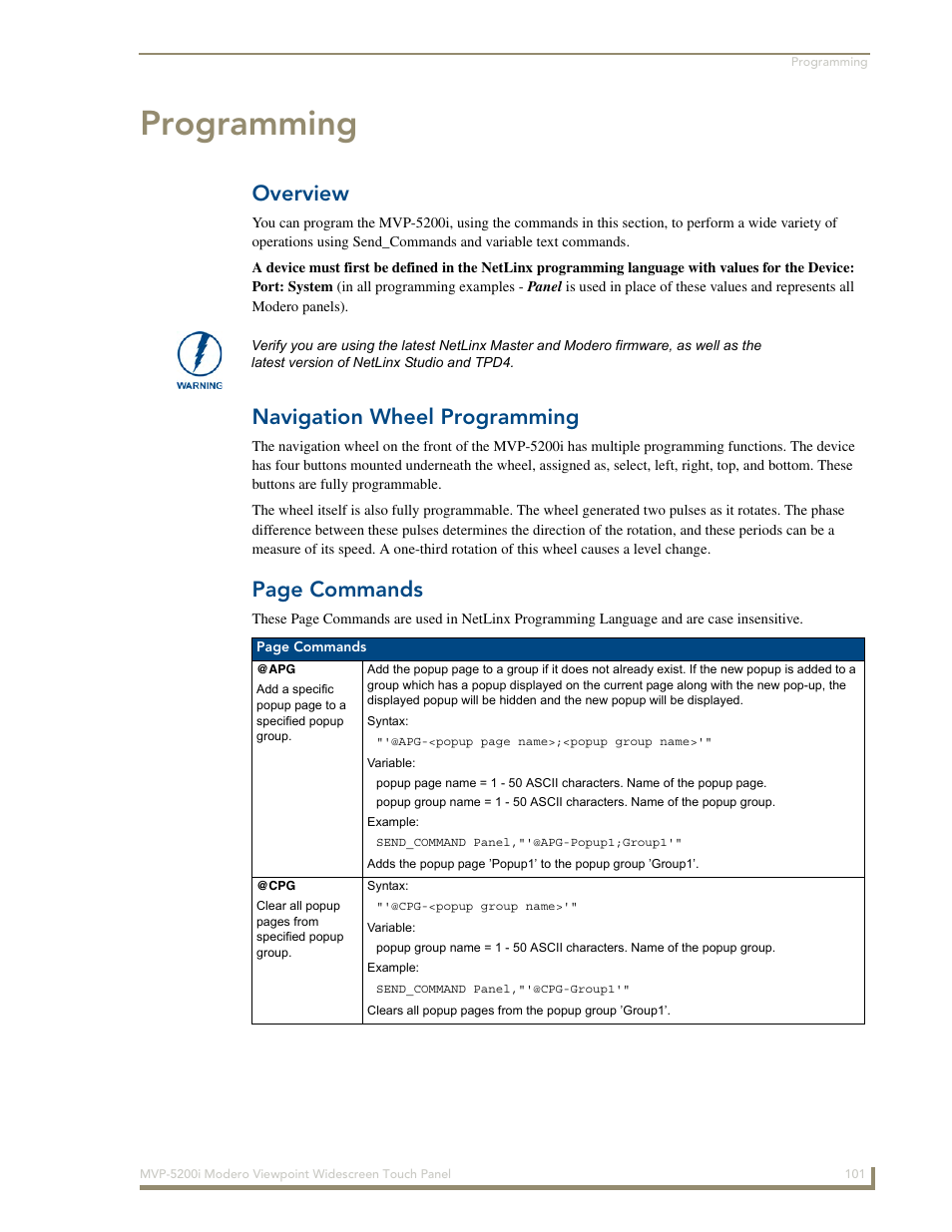 Programming, Overview, Navigation wheel programming | Page commands | AMX MODERO VIEWPOINT WIDESCREEN TOUCH PANEL MVP-5200I User Manual | Page 109 / 184