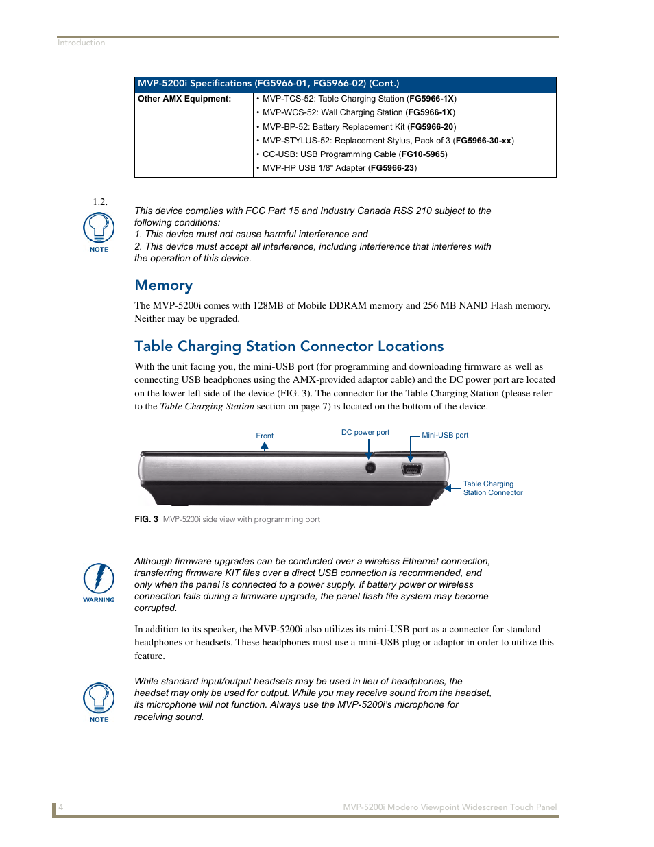 Memory, Table charging station connector locations, Connector locations | AMX MODERO VIEWPOINT WIDESCREEN TOUCH PANEL MVP-5200I User Manual | Page 12 / 184
