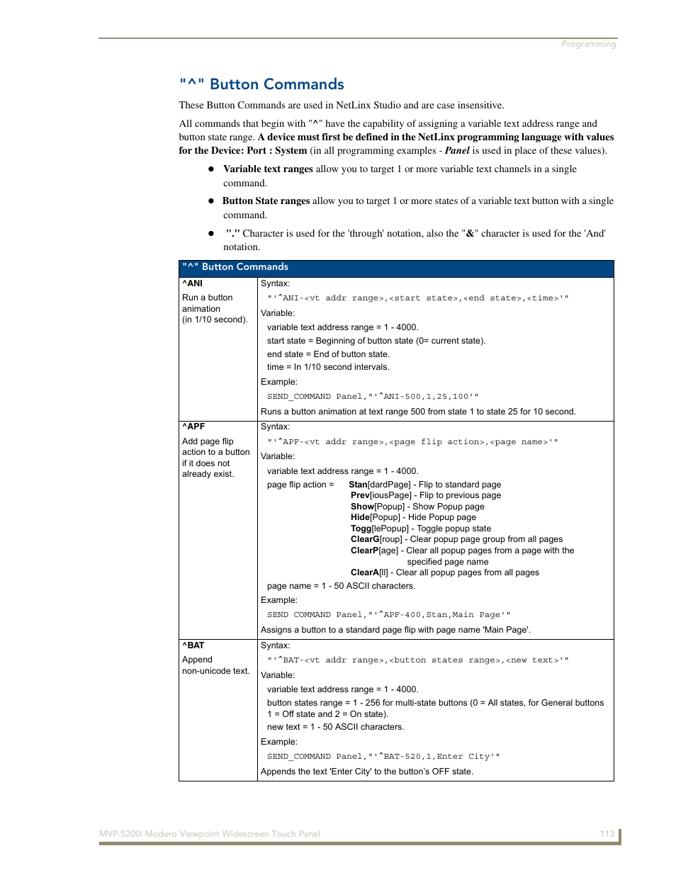 Button commands | AMX MODERO VIEWPOINT WIDESCREEN TOUCH PANEL MVP-5200I User Manual | Page 121 / 184