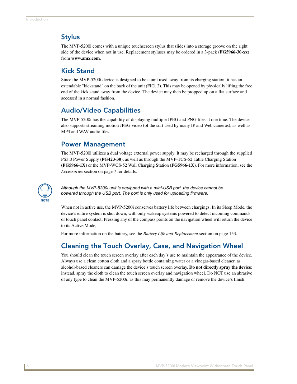 Stylus, Kick stand, Audio/video capabilities | Power management, Cleaning the touch overlay and navigation wheel | AMX MODERO VIEWPOINT WIDESCREEN TOUCH PANEL MVP-5200I User Manual | Page 14 / 184