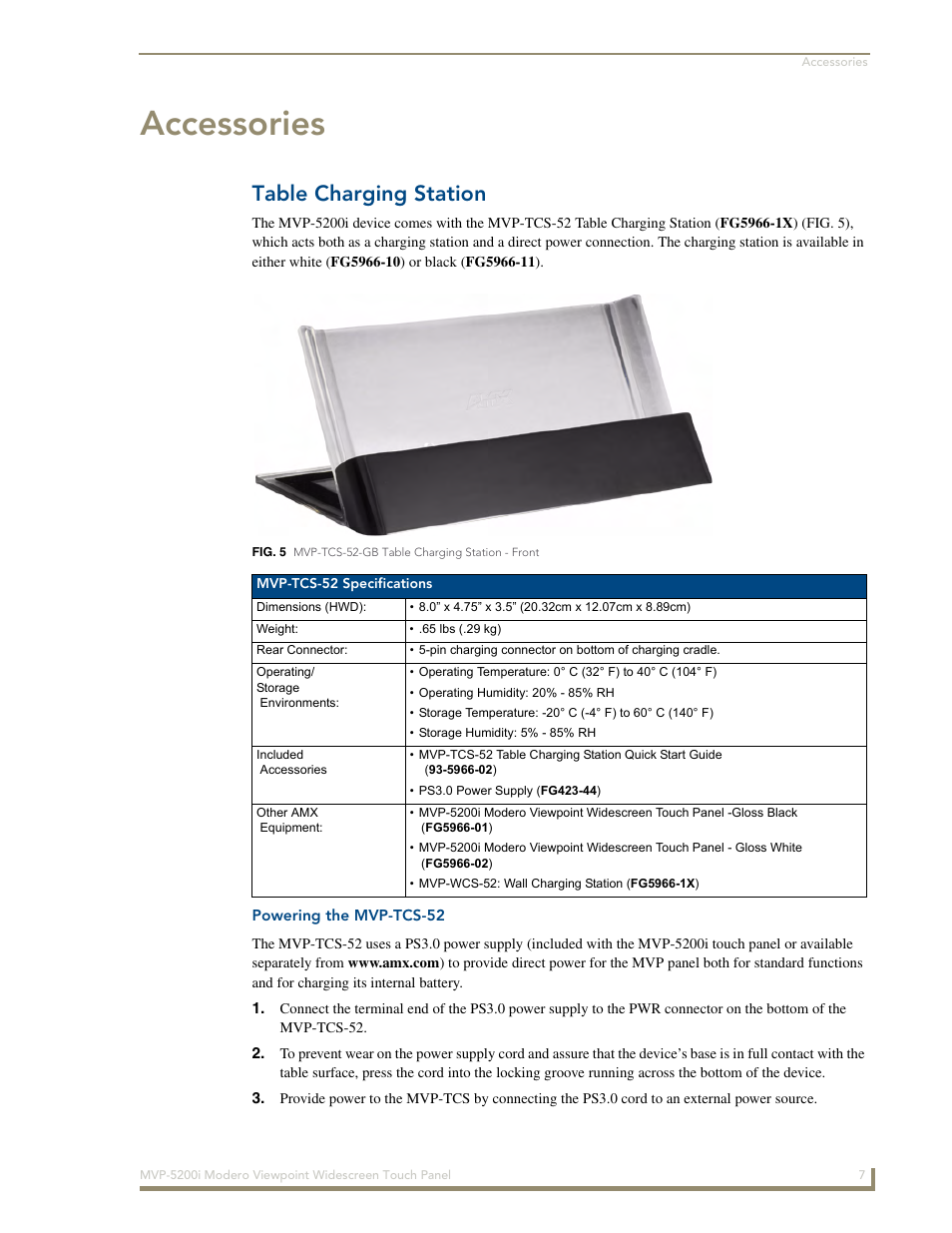 Accessories, Table charging station, Powering the mvp-tcs-52 | AMX MODERO VIEWPOINT WIDESCREEN TOUCH PANEL MVP-5200I User Manual | Page 15 / 184