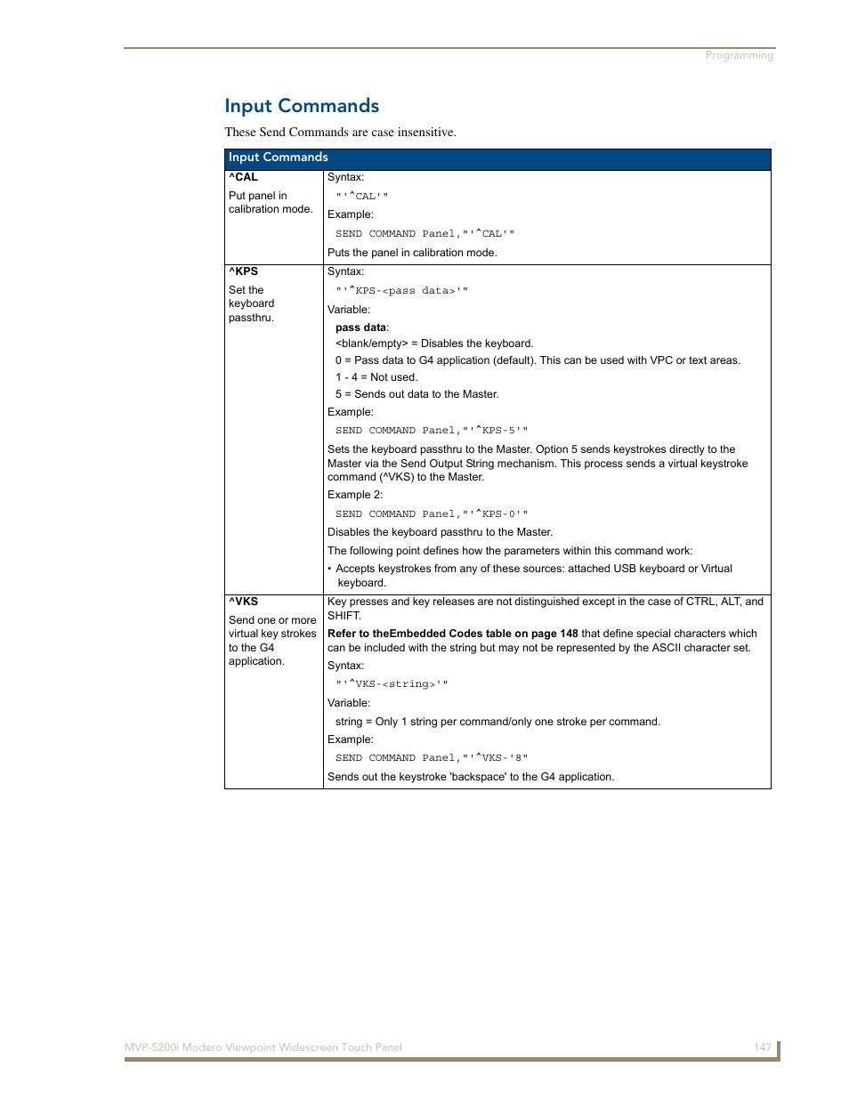 Input commands | AMX MODERO VIEWPOINT WIDESCREEN TOUCH PANEL MVP-5200I User Manual | Page 155 / 184