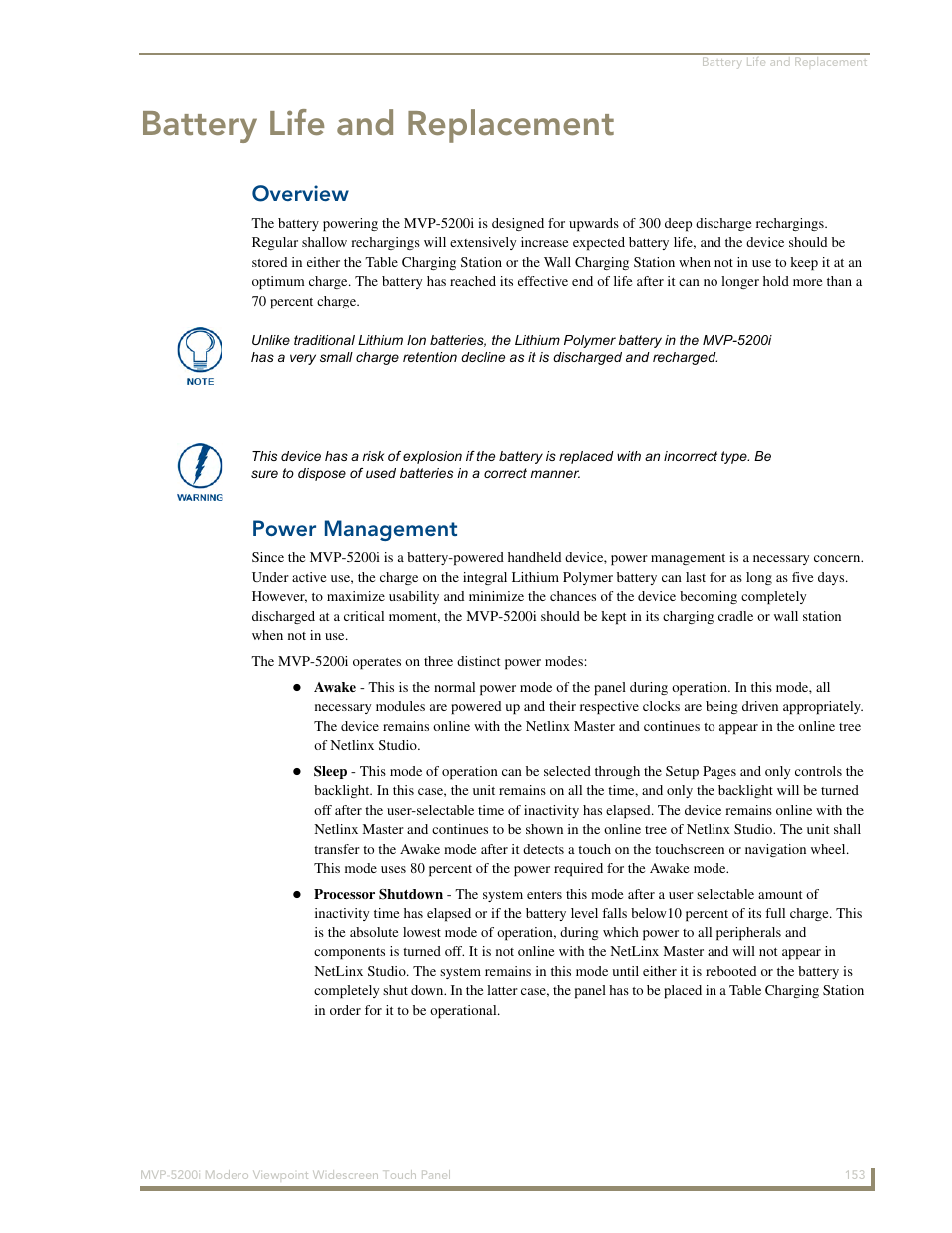 Battery life and replacement, Overview, Power management | AMX MODERO VIEWPOINT WIDESCREEN TOUCH PANEL MVP-5200I User Manual | Page 161 / 184