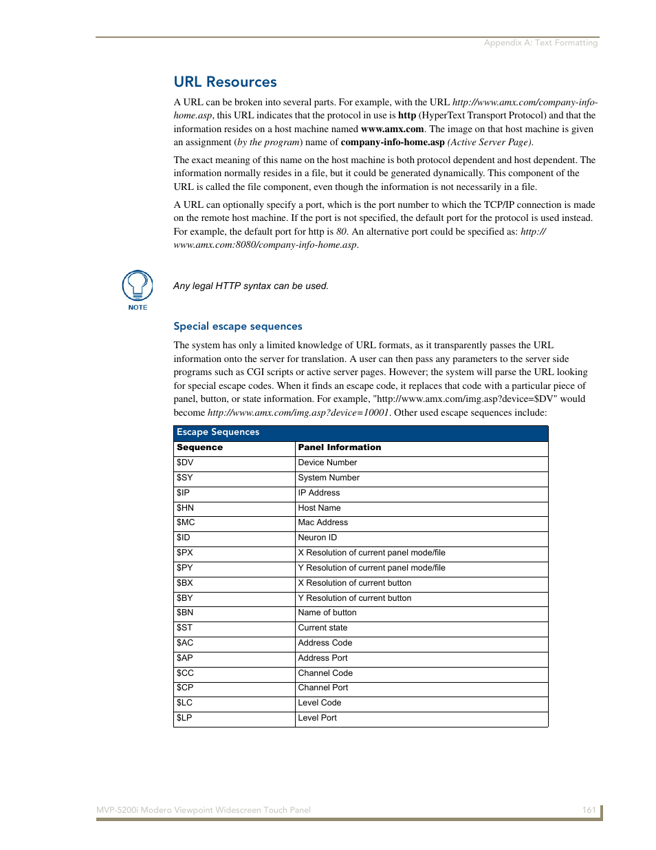 Url resources, Special escape sequences | AMX MODERO VIEWPOINT WIDESCREEN TOUCH PANEL MVP-5200I User Manual | Page 169 / 184