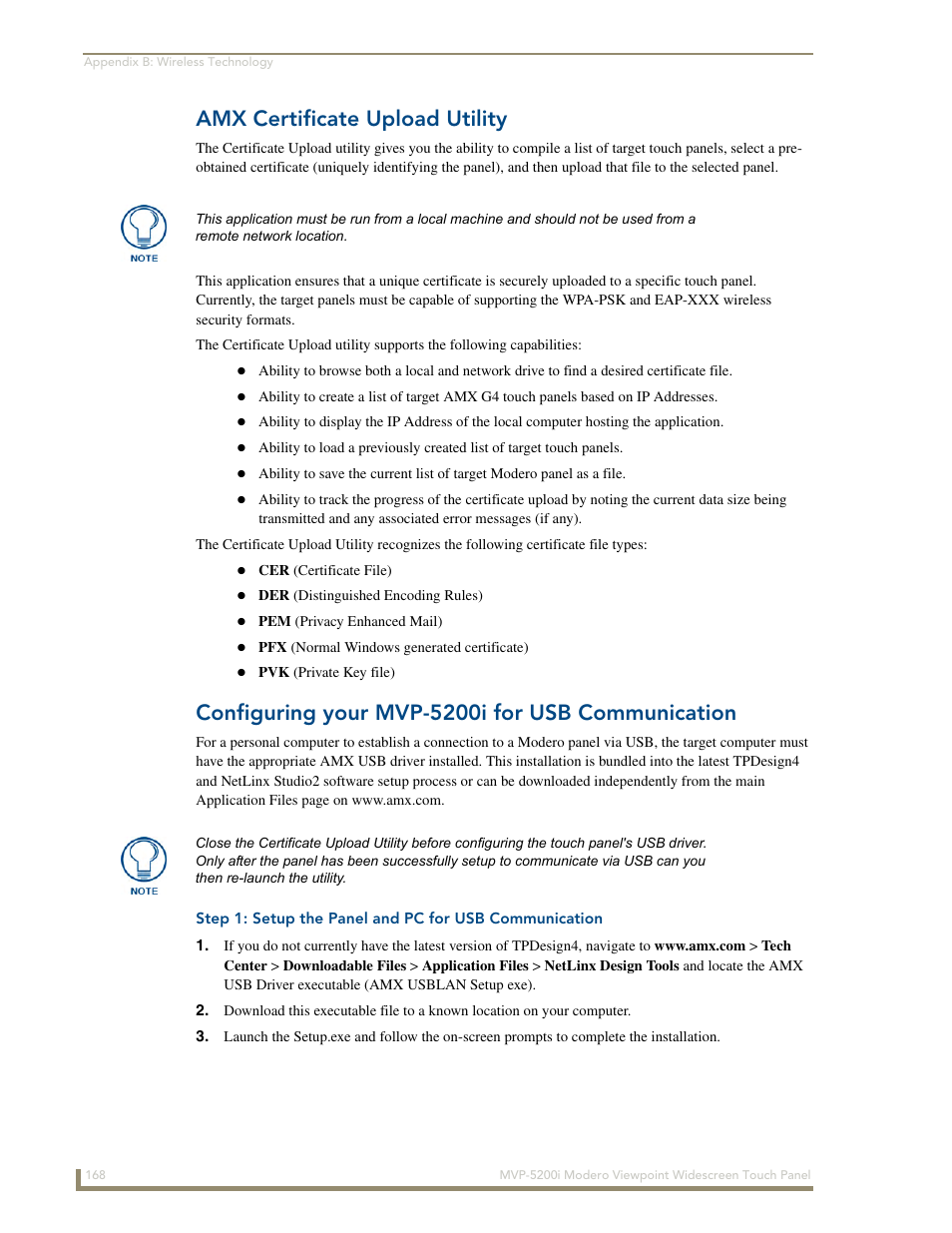 Amx certificate upload utility, Configuring your mvp-5200i for usb communication, Amx certificate | The amx certificate | AMX MODERO VIEWPOINT WIDESCREEN TOUCH PANEL MVP-5200I User Manual | Page 176 / 184