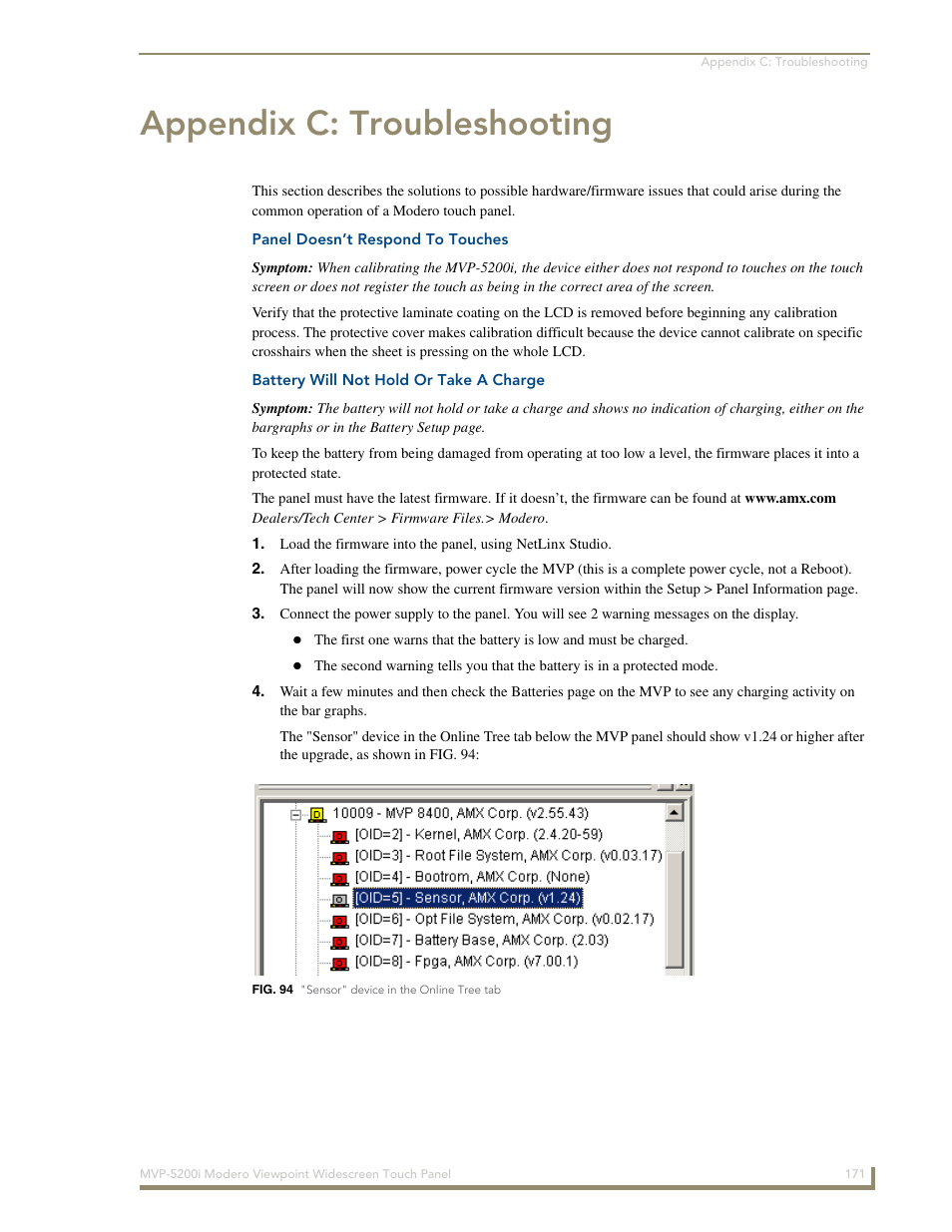 Appendix c: troubleshooting, Panel doesn’t respond to touches, Battery will not hold or take a charge | AMX MODERO VIEWPOINT WIDESCREEN TOUCH PANEL MVP-5200I User Manual | Page 179 / 184