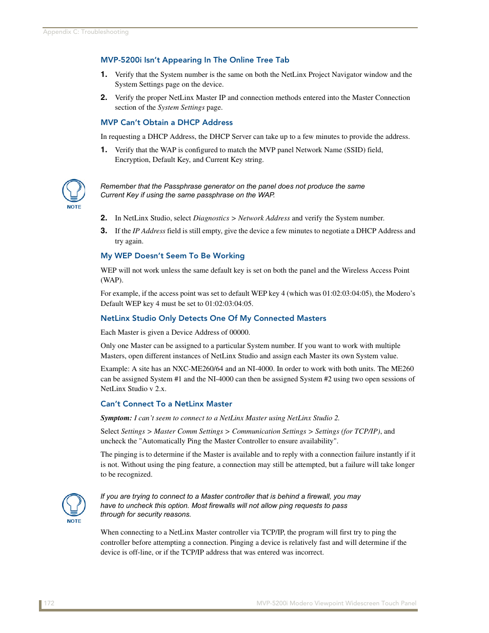 Mvp-5200i isn’t appearing in the online tree tab, Mvp can’t obtain a dhcp address, My wep doesn’t seem to be working | Can’t connect to a netlinx master | AMX MODERO VIEWPOINT WIDESCREEN TOUCH PANEL MVP-5200I User Manual | Page 180 / 184