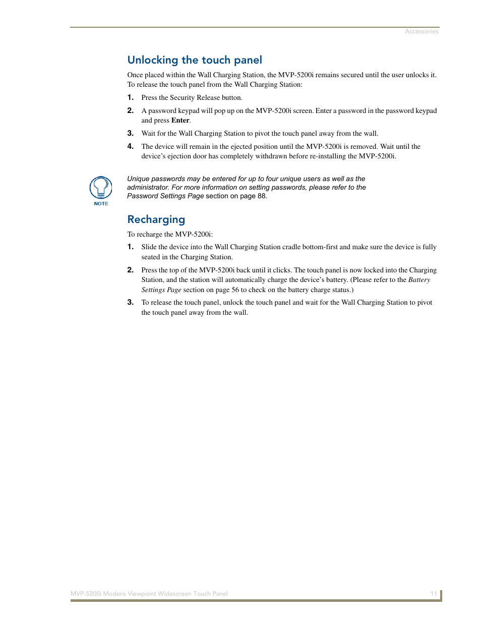 Unlocking the touch panel, Recharging | AMX MODERO VIEWPOINT WIDESCREEN TOUCH PANEL MVP-5200I User Manual | Page 19 / 184