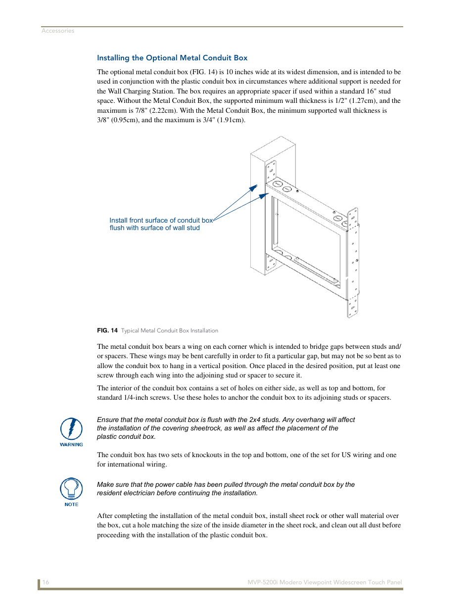 Installing the optional metal conduit box | AMX MODERO VIEWPOINT WIDESCREEN TOUCH PANEL MVP-5200I User Manual | Page 24 / 184