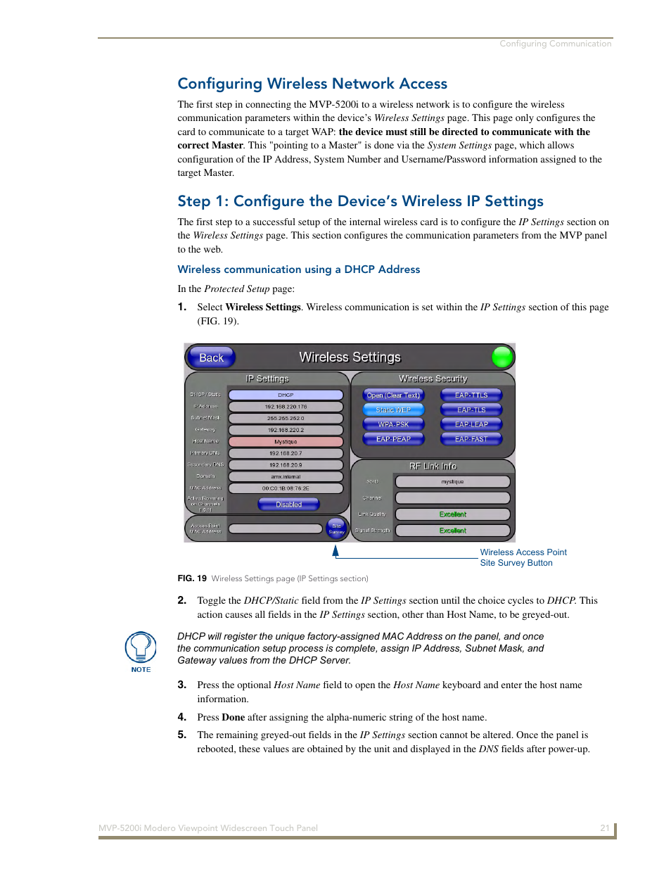 Configuring wireless network access, Wireless communication using a dhcp address, Configuring a wireless network access | Step 1: configure the panel’s wireless ip settings | AMX MODERO VIEWPOINT WIDESCREEN TOUCH PANEL MVP-5200I User Manual | Page 29 / 184