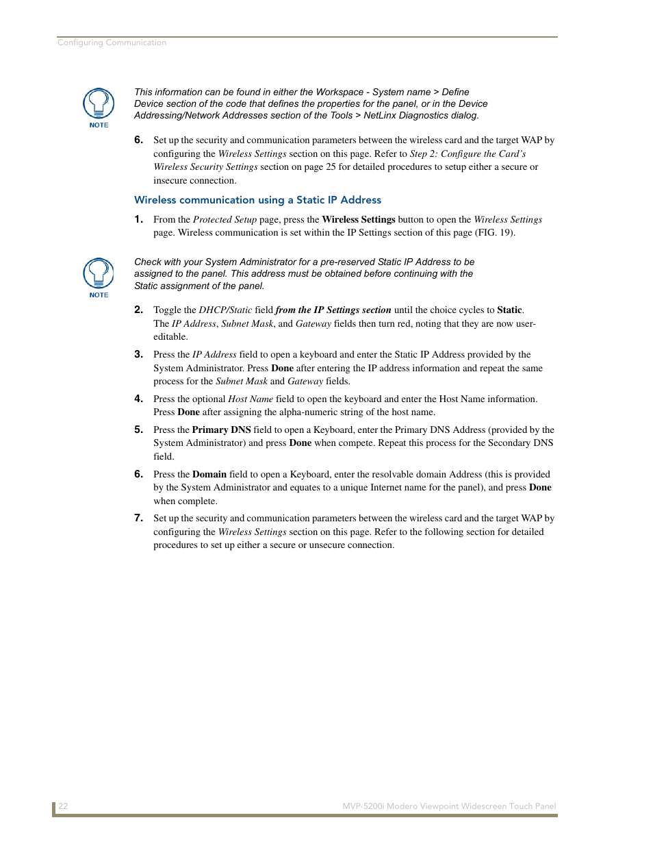 Wireless communication using a static ip address | AMX MODERO VIEWPOINT WIDESCREEN TOUCH PANEL MVP-5200I User Manual | Page 30 / 184