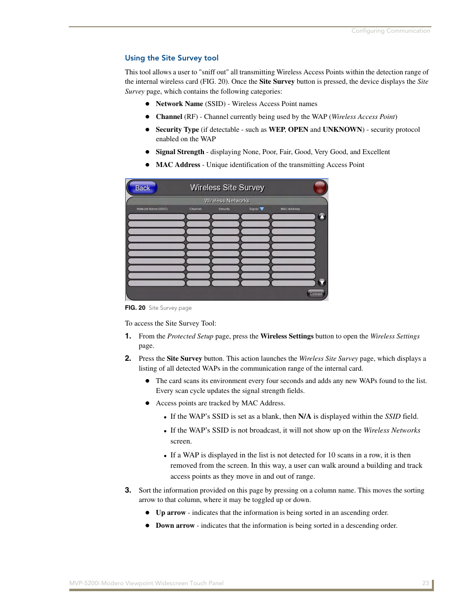 Using the site survey tool | AMX MODERO VIEWPOINT WIDESCREEN TOUCH PANEL MVP-5200I User Manual | Page 31 / 184