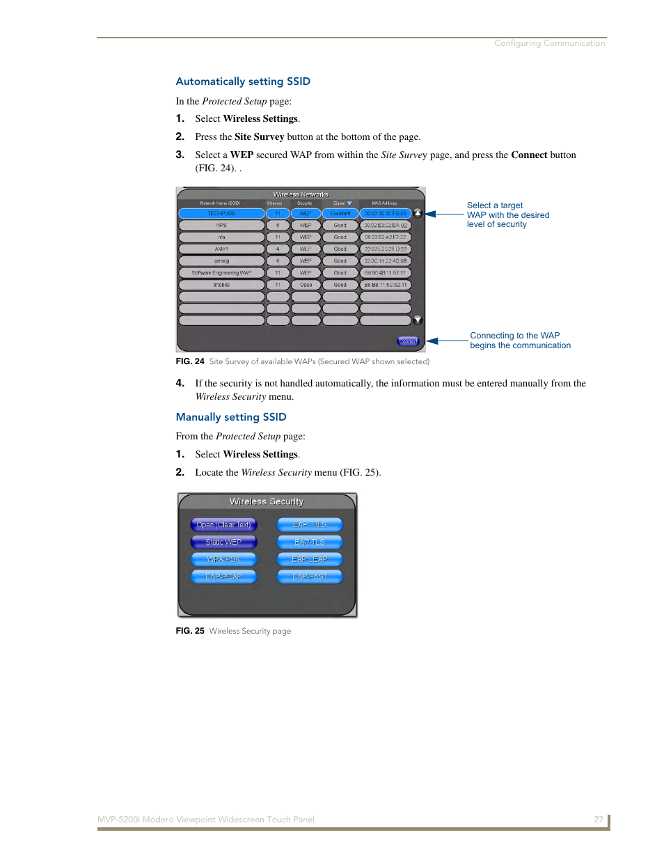 Automatically setting ssid, Manually setting ssid, Automatically set ssid | Manually set ssid | AMX MODERO VIEWPOINT WIDESCREEN TOUCH PANEL MVP-5200I User Manual | Page 35 / 184