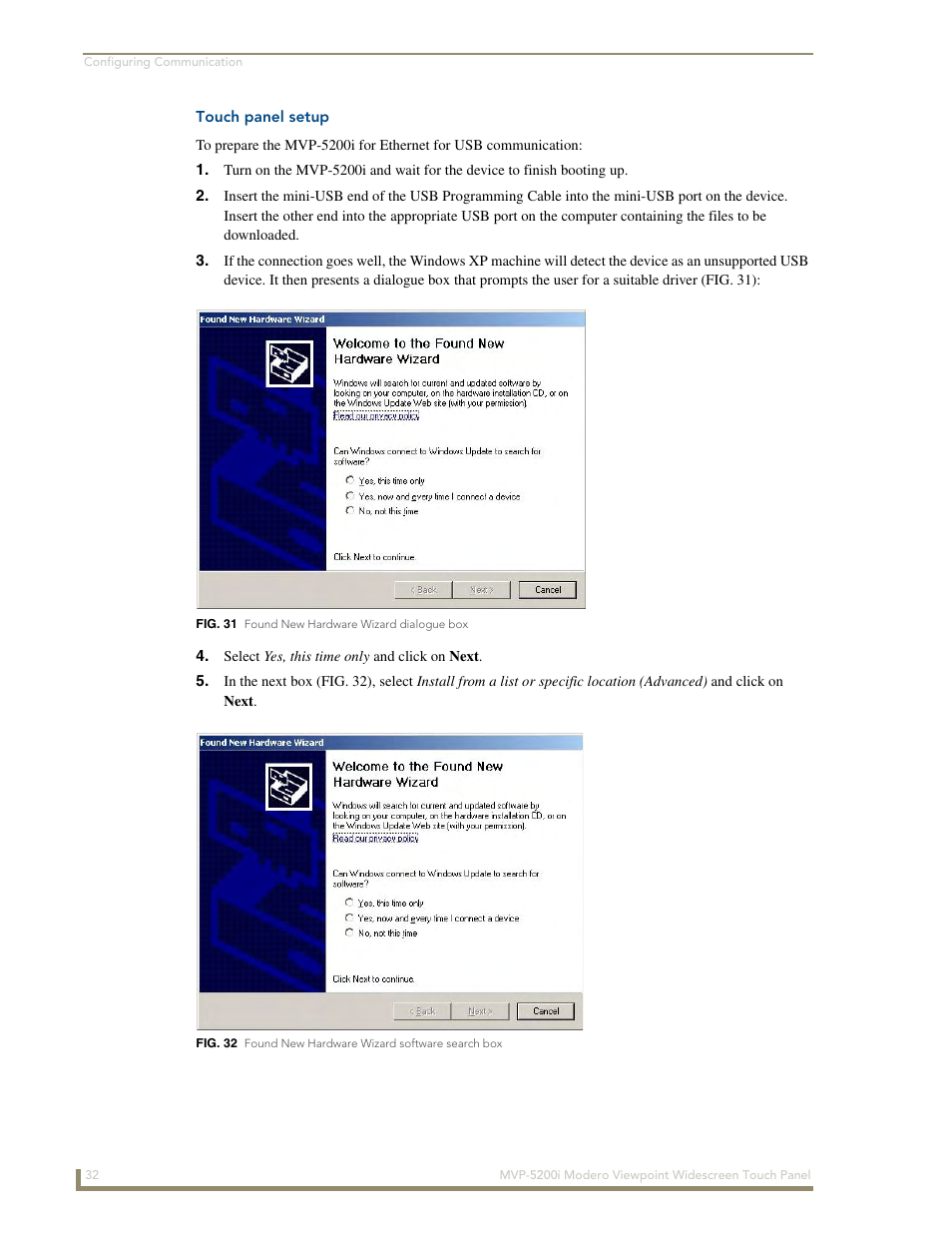 Touch panel setup | AMX MODERO VIEWPOINT WIDESCREEN TOUCH PANEL MVP-5200I User Manual | Page 40 / 184