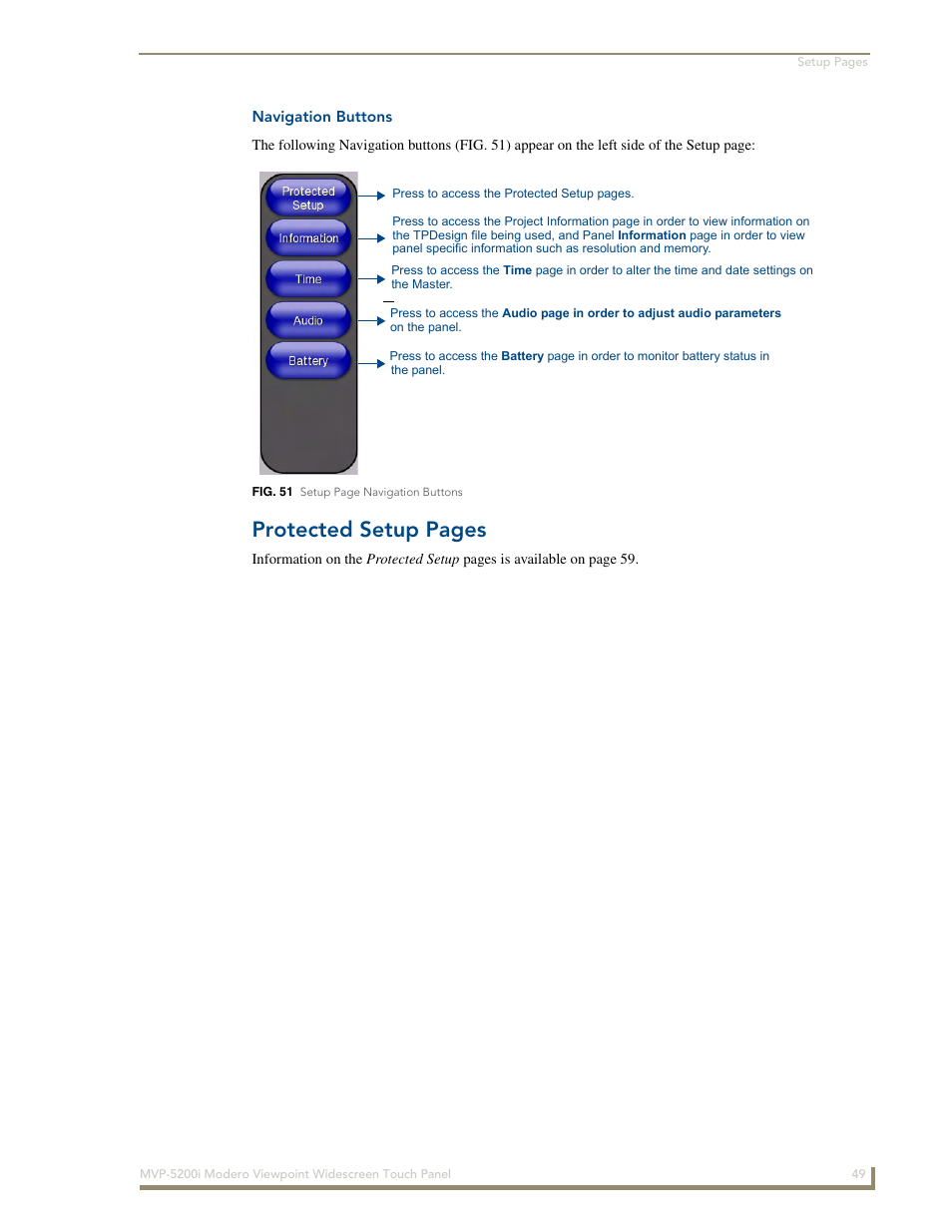 Navigation buttons, Protected setup pages | AMX MODERO VIEWPOINT WIDESCREEN TOUCH PANEL MVP-5200I User Manual | Page 57 / 184