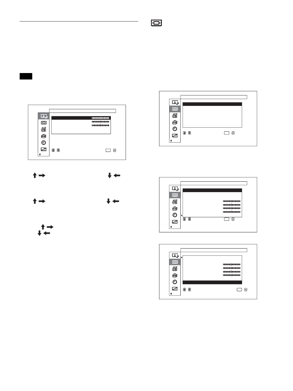 Menú control pantalla, Menú ajuste sonido, Caso en que la tecla menu está ajustada en “intro | Uso de los menús en pantalla, Nota | Sony FWD-50PX1 User Manual | Page 217 / 348