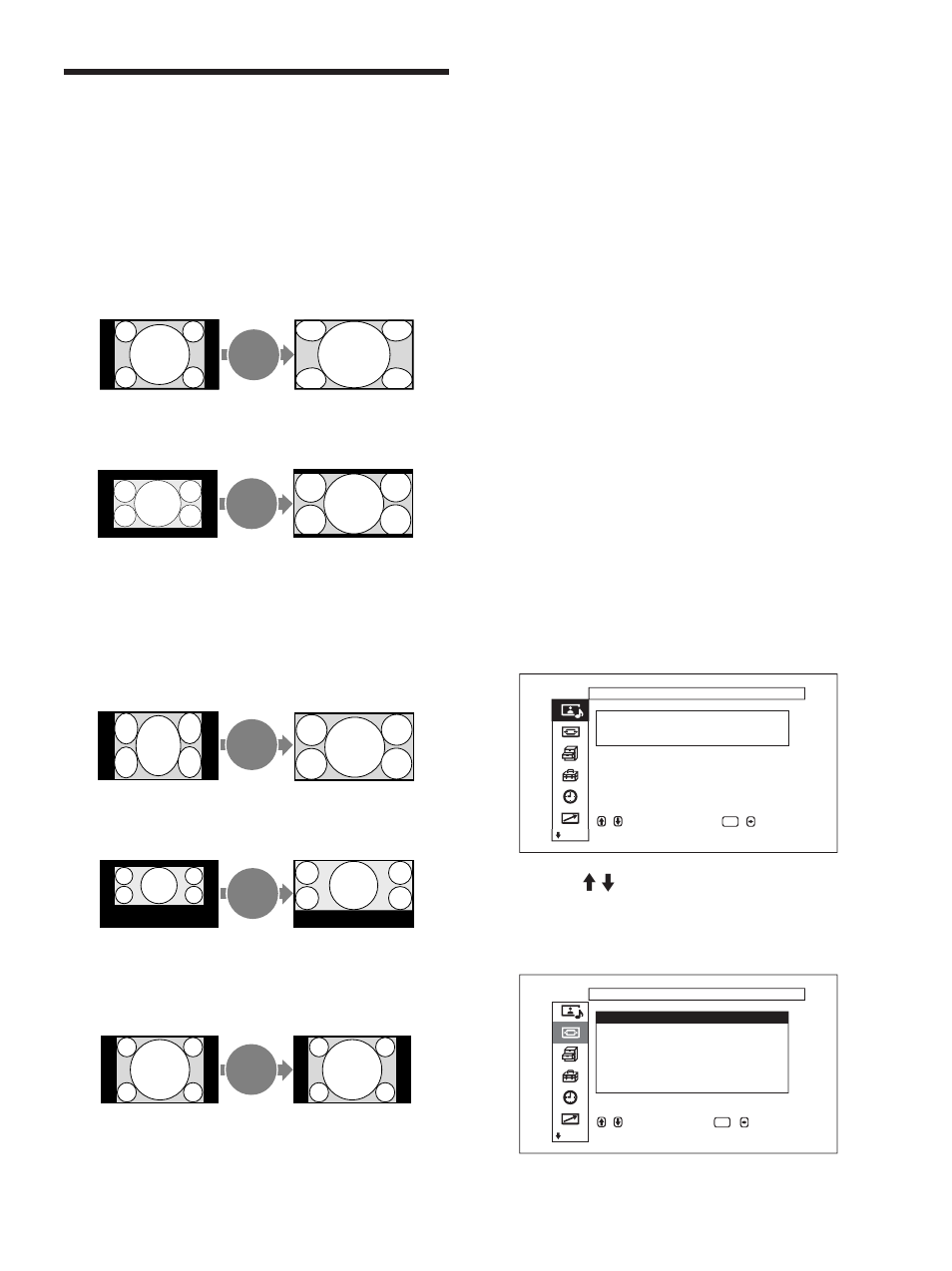 Ingrandimento dell’immagine, Impostazione del modo 16:9 autom, Esp. 4/3 | Letter bx, Riprist, Sottotit, Riduci | Sony FWD-50PX1 User Manual | Page 281 / 348