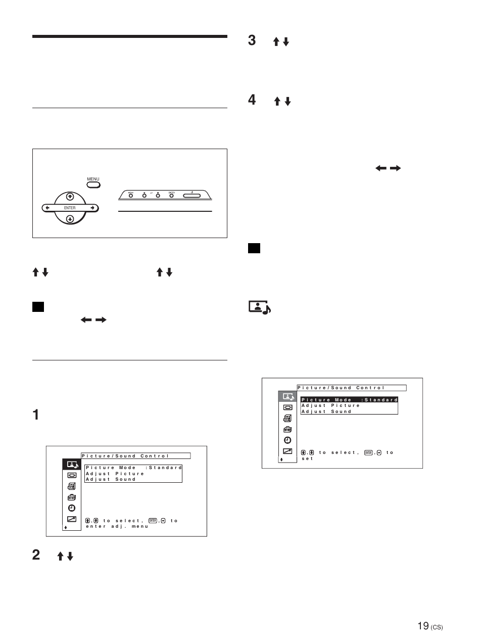 使用屏幕菜单, 通过菜单操作, 菜单指南 | Picture/sound control（图像／ 声音控制）菜单, 菜单操作键, 菜单结构, 使用显示器或遥控器上的键用于菜单操作, 主机上没有 </, 键，因此，部分操作有不同之 处, 要选择用于菜单的语言时，请参见第 39 页, 按 menu 键。 主菜单出现在显示器屏幕上 | Sony FWD-50PX1 User Manual | Page 315 / 348