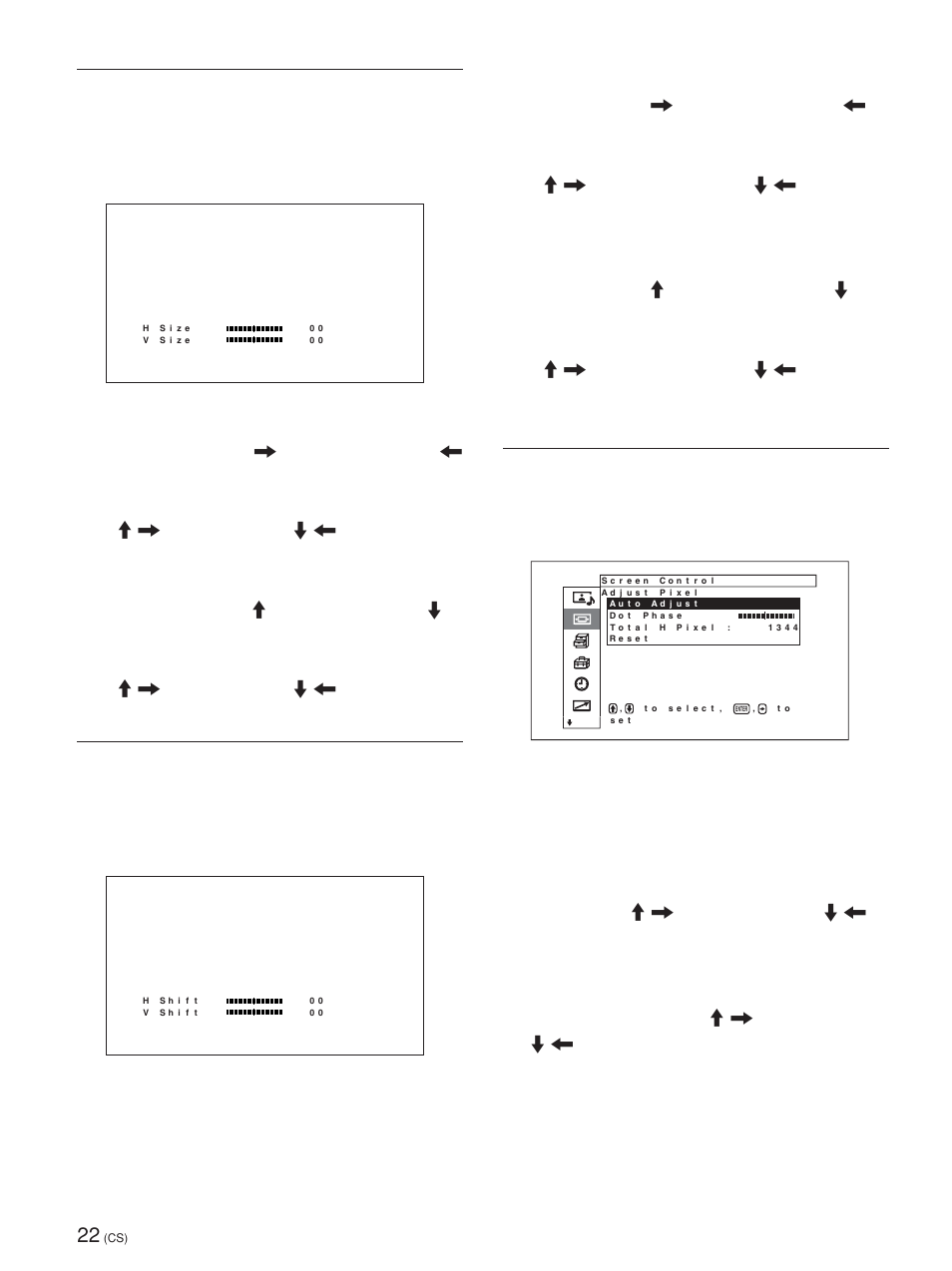 Screen size （画面尺寸）菜单, Screen shift（画面偏移）菜单, Adjust pixel（调整像素）菜单 | 此菜单用于调整图像像素。 仅在接收到电脑信号时才能调整, Auto adjust（自动调整） 自动调整点相位和水平像素的总数, 有关详细说明，请参见第 37 页上的“调整像素 | Sony FWD-50PX1 User Manual | Page 318 / 348