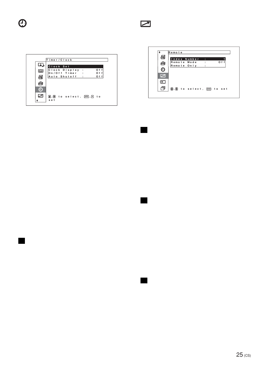 Timer/clock（定时器／时钟）菜单, Remote（遥控）菜单, 设定时刻和定时器，显示时间或设定何时电源自动 打开或关闭 | Clock set（时钟设定） 设定时间, Clock display（时钟显示） 设为 on（开）时，显示设定的时间约 5 分钟, On/off timer（开／关定时器） 设定电源自动打开或关闭的时间, Auto shutoff（自动关机） 显示器在预定的时间内未输入信号时会自动关闭电 源, 该功能仅在收到视频信号时可用, 此菜单用于遥控设定, Index number（索引号码） 设定显示器的索引号码 | Sony FWD-50PX1 User Manual | Page 321 / 348