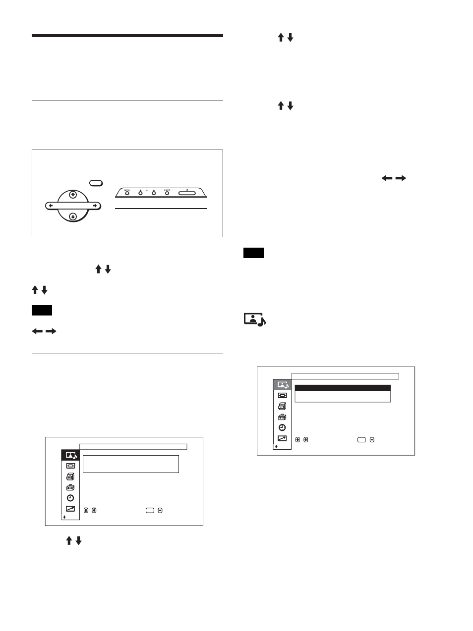 Using on-screen menus, Operating through menus, Menu guide | Picture/sound control menu, Menu operating buttons, Configuration of the menu | Sony FWD-50PX1 User Manual | Page 69 / 348