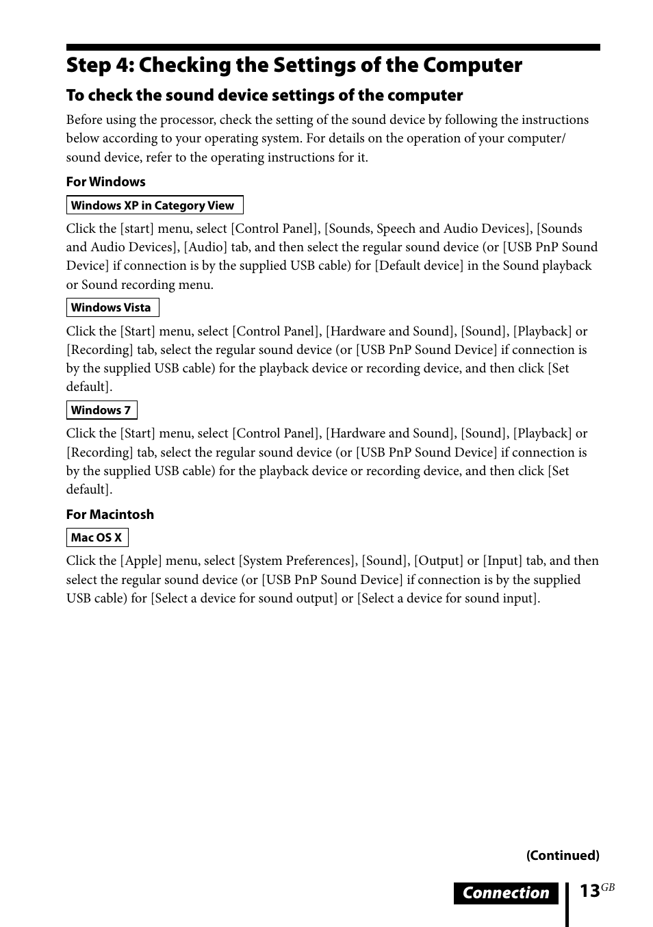 Step 4: checking the settings of the computer, Step 4: checking the settings of the, Computer | Connection | Sony DR-GA500 User Manual | Page 13 / 92