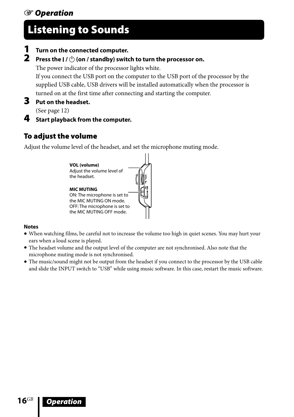 Listening to sounds, Operation | Sony DR-GA500 User Manual | Page 16 / 92