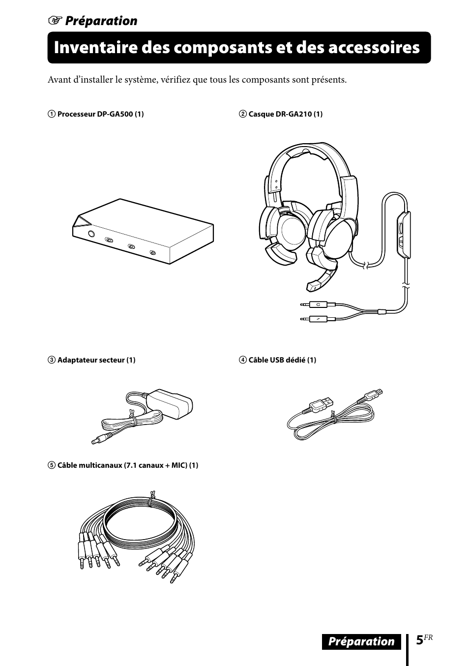 Inventaire des composants et des accessoires, Inventaire des composants et des, Accessoires | Préparation | Sony DR-GA500 User Manual | Page 27 / 92