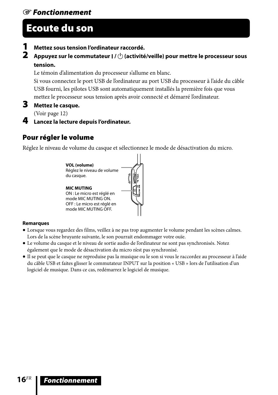 Ecoute du son, Fonctionnement | Sony DR-GA500 User Manual | Page 38 / 92