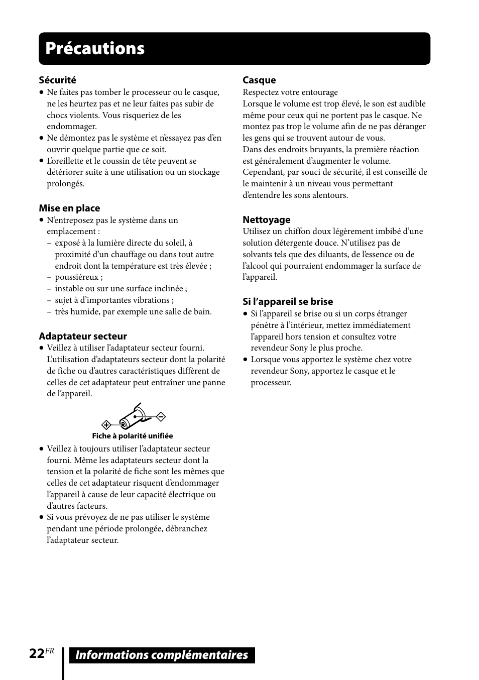 Précautions, Informations complémentaires | Sony DR-GA500 User Manual | Page 44 / 92