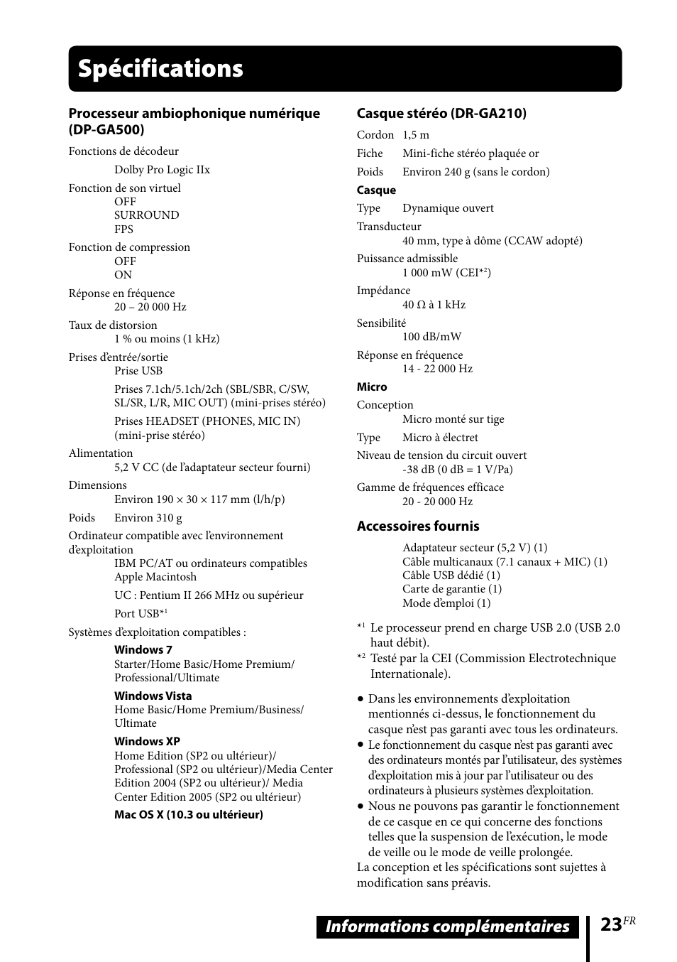 Spécifications, Informations complémentaires | Sony DR-GA500 User Manual | Page 45 / 92